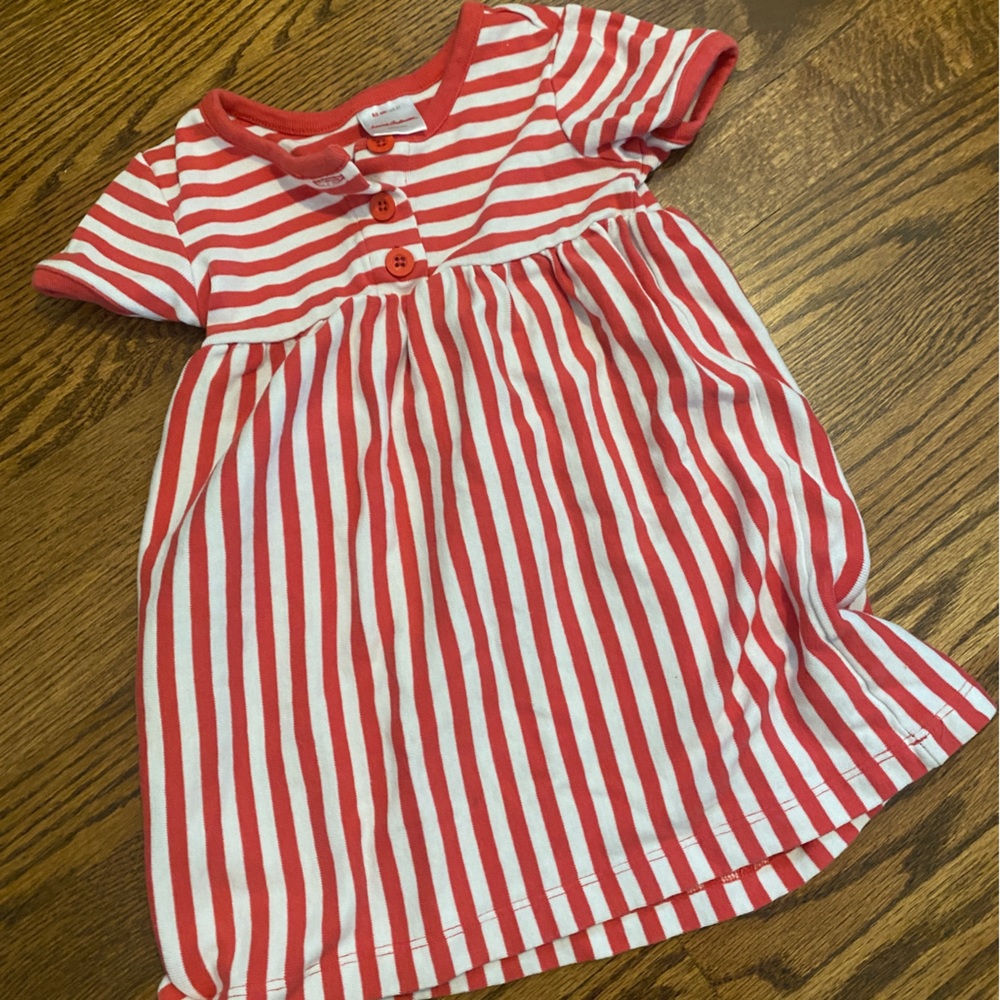 Hanna Anderson salmon pink white stripe dress, 2T. EUC